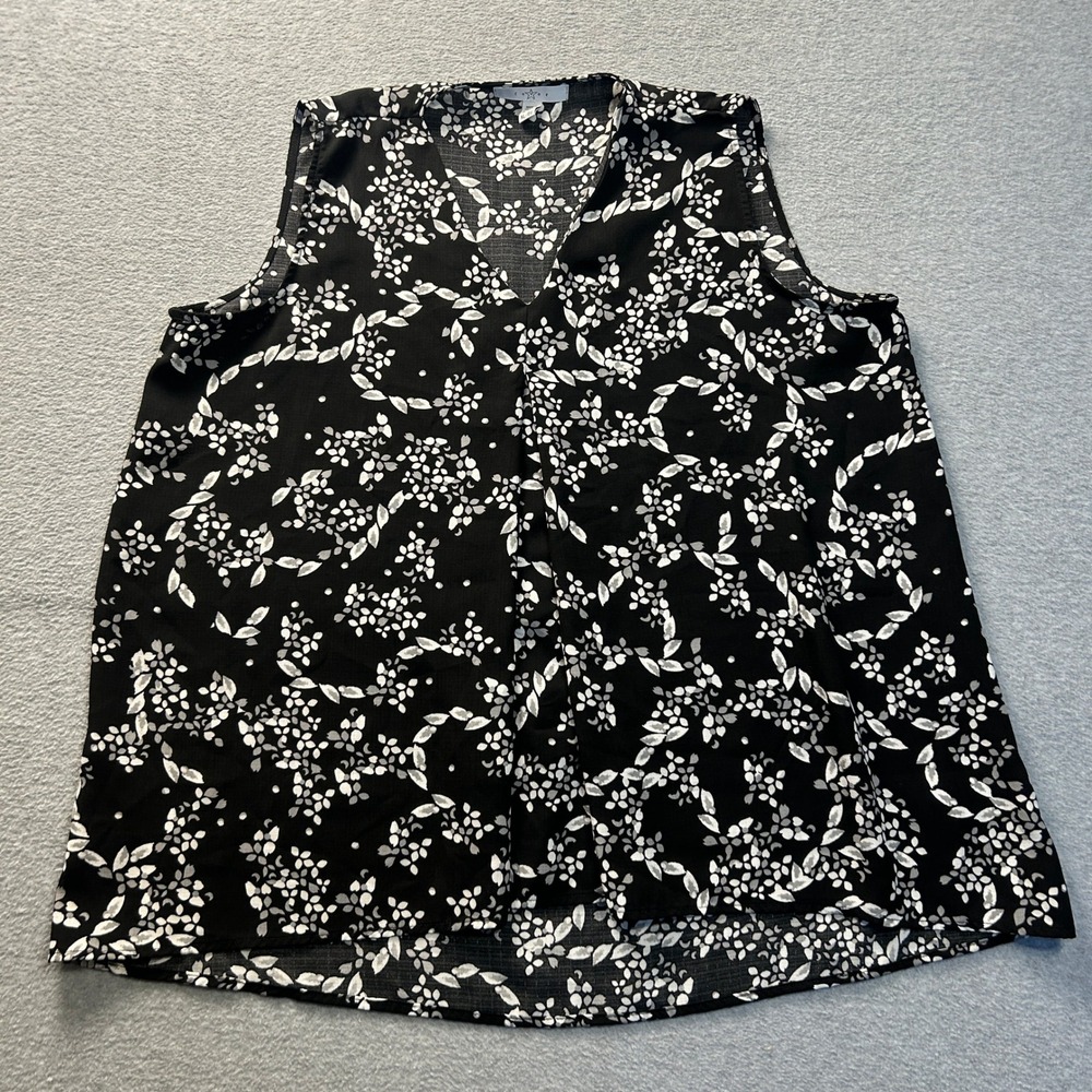 Fever Sleeveless Blouse Womens XL Black White Floral Career Casual Tank Top